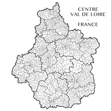 Fransız bölgesi Merkezi Val de Loire (Fransa) belediyeler, mezrası (Kanton), ilçeler (arrondissement), bölümler (departements) ve bölge sınırları ile Detaylı Haritası