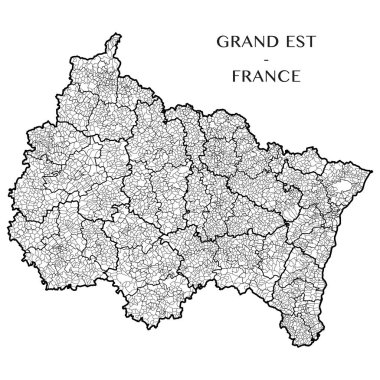 Fransız bölgesi Grand Est (Fransa) belediyeler, mezrası (Kanton), ilçeler (arrondissement), bölümler (departements) ve bölge sınırları ile Detaylı Haritası