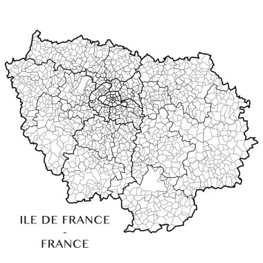 Ile de France (Fransa) Fransız bölgesi ayrıntılı haritası ile belediyeler, mezrası (Kanton), ilçeler (arrondissement), bölümler (departements) ve bölge sınırları