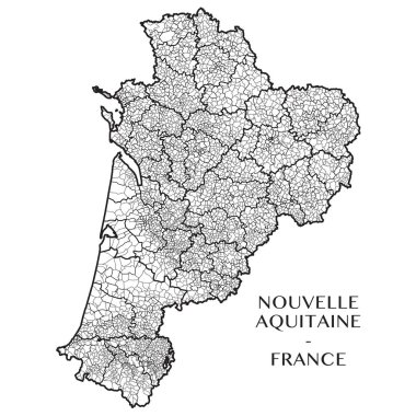 Nouvelle Aquitaine (Fransa) Fransız bölgesi belediyeler, mezrası (Kanton), ilçeler (arrondissement), bölümler (departements) ve bölge sınırları ile Detaylı Haritası