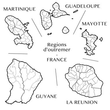 Detailed map of the overseas French regions of Martinique, Guadeloupe, Mayotte, French Guiana, and La Reunion (France) with borders of municipalities, subdistricts (cantons), districts (arrondissements), departments (departements), and region clipart