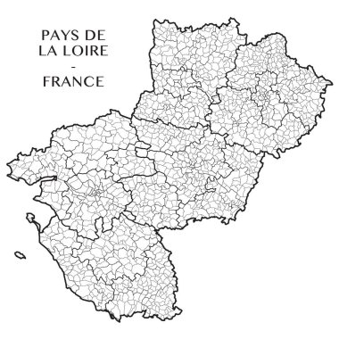 Pays de la Loire (Fransa) Fransız bölgesi belediyeler, mezrası (Kanton), ilçeler (arrondissement), bölümler (departements) ve bölge sınırları ile Detaylı Haritası