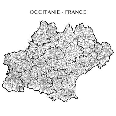 Occitanie (Fransa) Fransız bölgesi belediyeler, mezrası (Kanton), ilçeler (arrondissement), bölümler (departements) ve bölge sınırları ile Detaylı Haritası