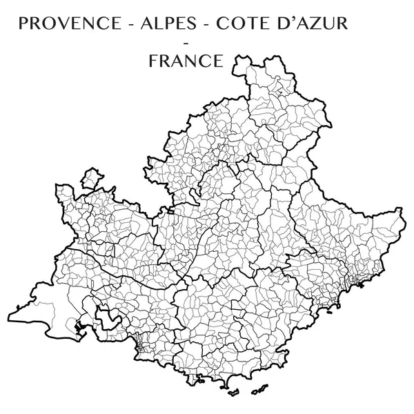 Mapa detalhado da região francesa de Provence Alpes Cote d 'Azur (França) com fronteiras de municípios, subdistritos (cantões), distritos (arrondissements), departamentos (departements), e região — Vetor de Stock