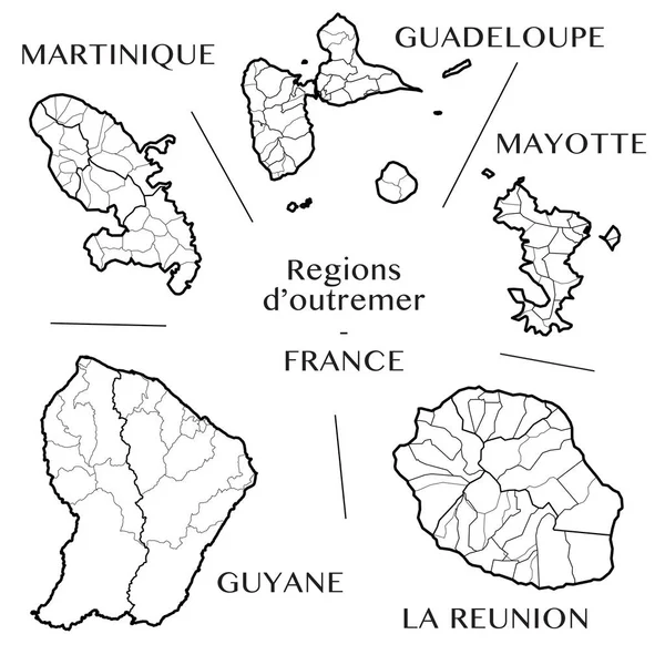 Gedetailleerde kaart van de overzeese Franse gebiedsdelen van Martinique, Guadeloupe, Mayotte, Frans-Guyana en La Réunion (Frankrijk) met grenzen van gemeenten, onderdistricten (kantons), districten (arrondissement), afdelingen (departementen) en regio — Stockvector