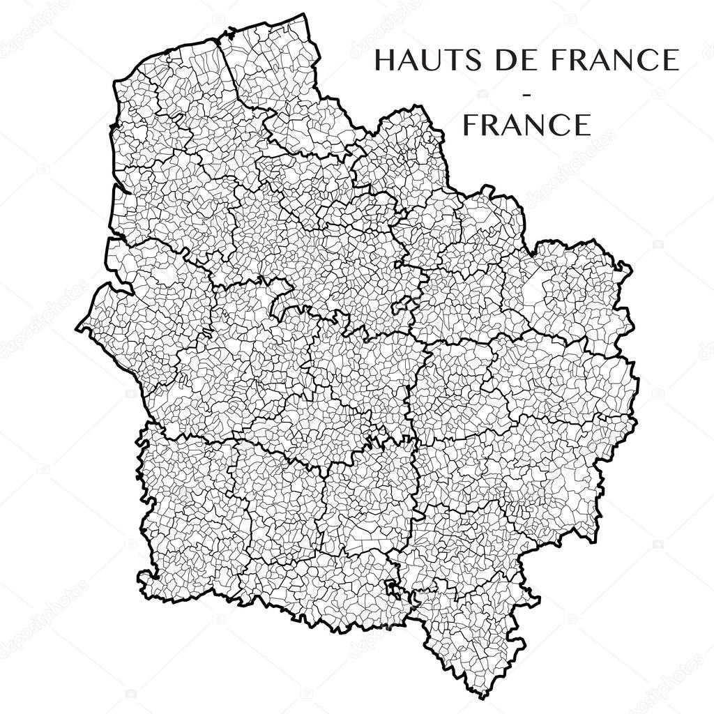 Detailed map of the French region Hauts de France (France) with borders of municipalities, subdistricts (cantons), districts (arrondissements), departments (departements), and region