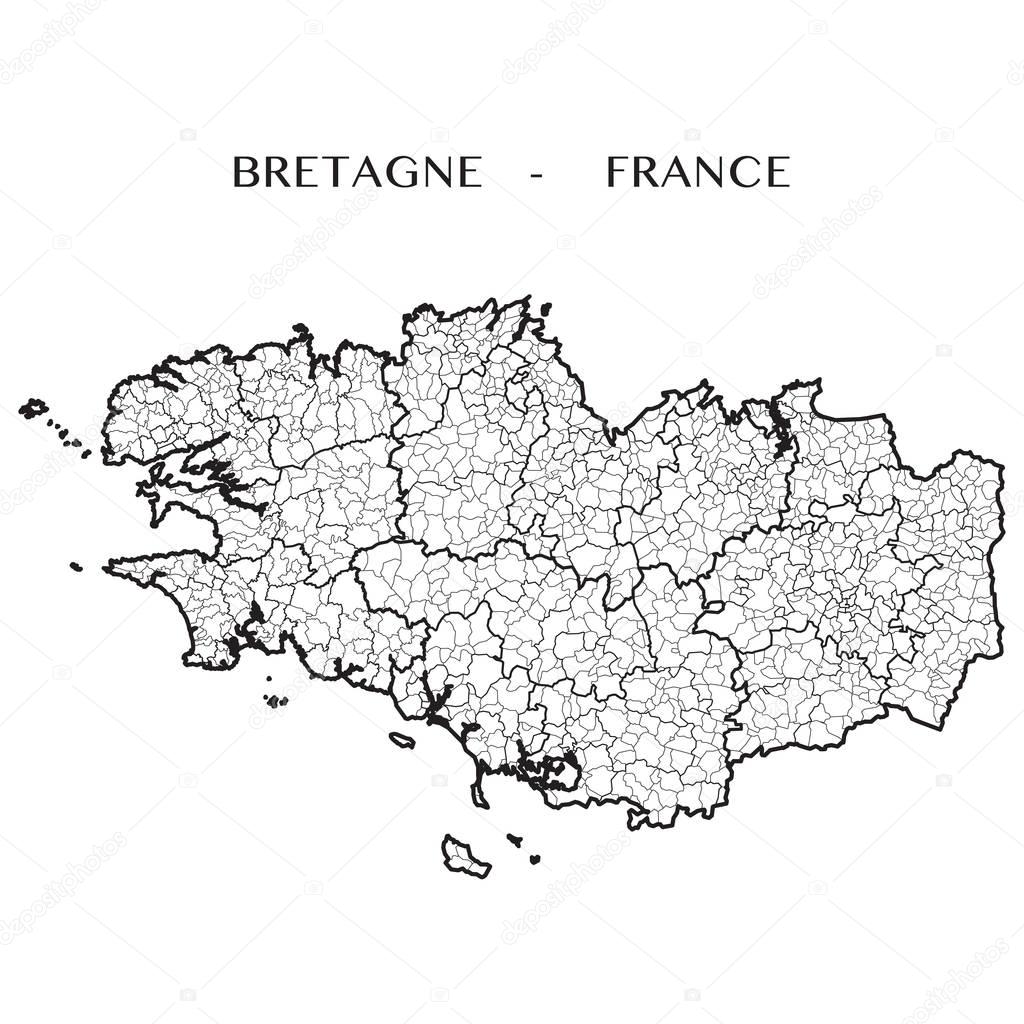 Detailed map of the French region of Brittany (Bretagne, France) with borders of municipalities, subdistricts (cantons), districts (arrondissements), departments (departements), and region