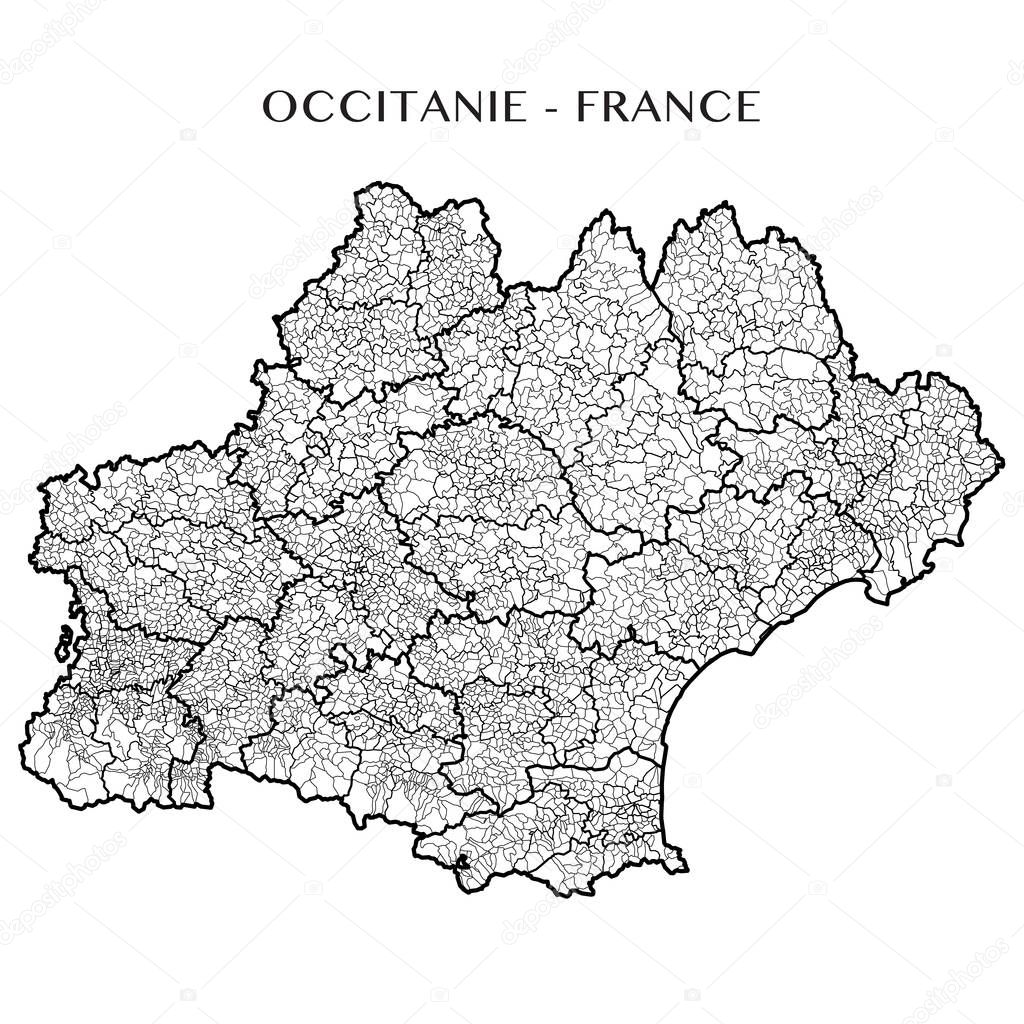 Detailed map of the French region of Occitanie (France) with borders of municipalities, subdistricts (cantons), districts (arrondissements), departments (departements), and region