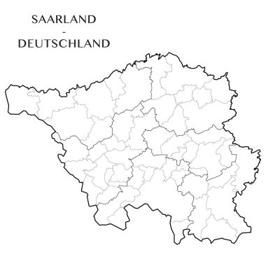 Saarland devlet (Almanya) belediyeler, mezrası ve Devlet sınırları ile Detaylı Haritası. Vektör çizim