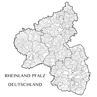 Devlet of Rheinland Pfalz (Rheinland Pfalz, Almanya) belediyeler, belediyeler dernekler, mezrası, ilçe ve eyalet sınırları ile Detaylı Haritası. Vektör çizim