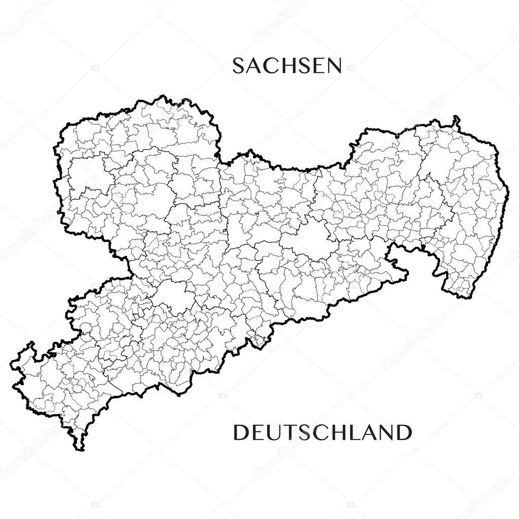 Detailed map of the Free State of Saxony (Germany) with borders of municipalities, municipalities associations, districts, and state. Vector illustration