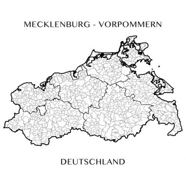 Mecklenburg Vorpommern devlet (Almanya) belediyeler, belediyeler dernekler, ilçe ve eyalet sınırları ile Detaylı Haritası. Vektör çizim