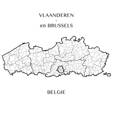 Belediyeler, ilçeler, iller ve bölgeler sınırları ile detaylı harita Belçika bölgeleri Flanders ve Brüksel Baskent (Belçika). Vektör çizim