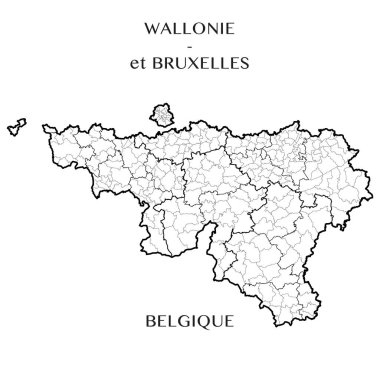 Detailed map of the Belgian Regions of Wallonia and Brussels-Capital (Belgium) with borders of municipalities, districts, provinces, and regions. Vector illustration clipart