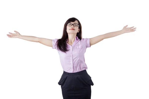 Woman feeling free with raising hands — Stock Photo, Image