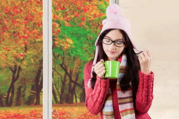 Woman and autumn in the window — Stock Photo, Image