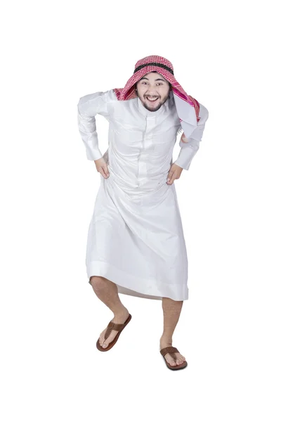 Engraçado árabe pessoa correndo em estúdio — Fotografia de Stock
