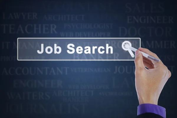Worker hand touches job search button — Stock Photo, Image