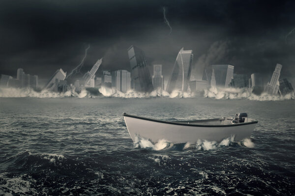 Image of a boat on the sea with cloudy sky and a sinking city. Concept of bankruptcy
