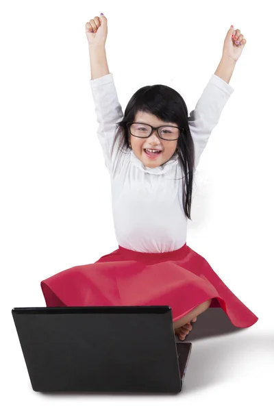 Cheerful girl with notebook raise hands — Stock Photo, Image