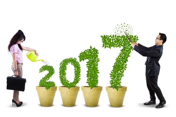 Two workers with tree and 2017 — Stock Photo, Image