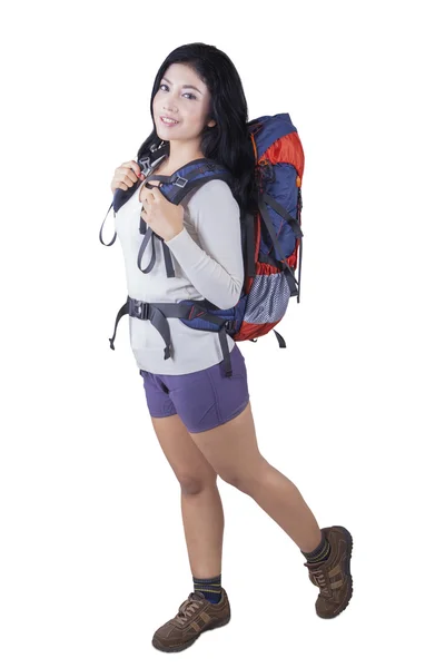 Beautiful woman holding backpack — Stock Photo, Image