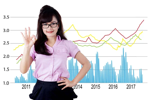 Woman showing ok sign with business growth — Stock Photo, Image