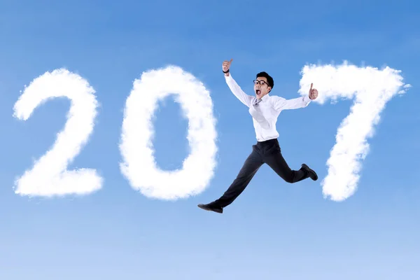 Man jumping with OK sign and 2017 — Stock Photo, Image