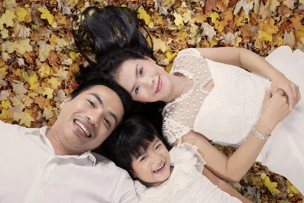 Bonita familia relajándose en hojas de otoño —  Fotos de Stock