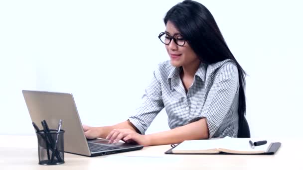 Woman works with laptop and planning book — Stock Video