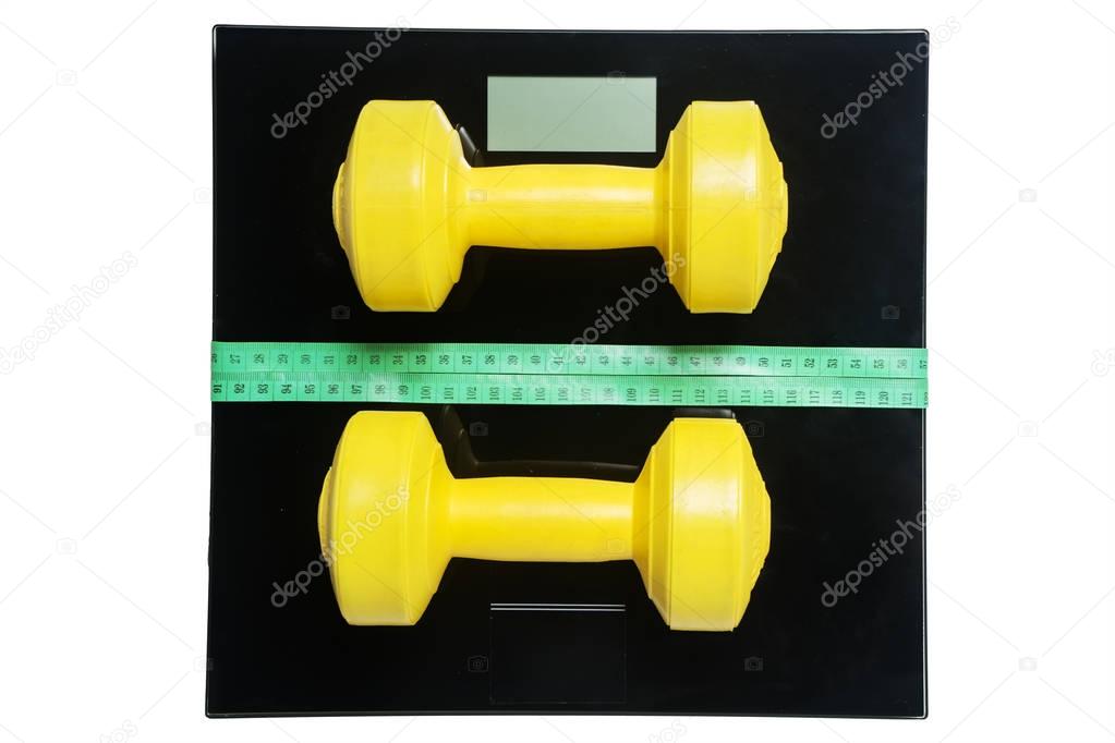 Measuring tape and barbells with weigher