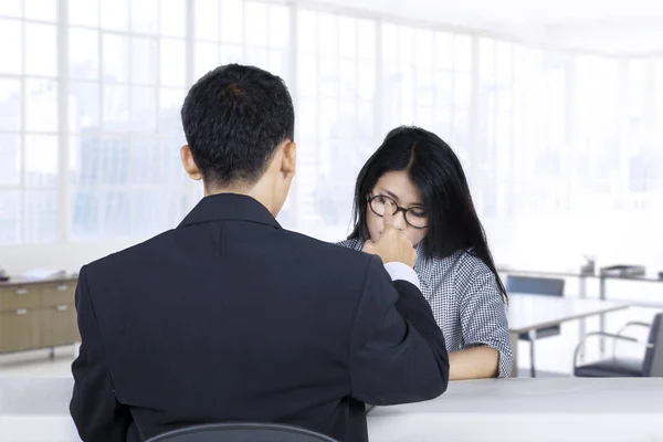 Woman looks rejected in job interview — Stock Photo, Image