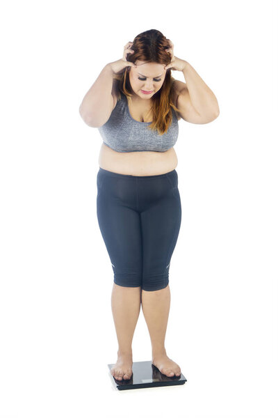 Overweight woman shocked with weight scale 