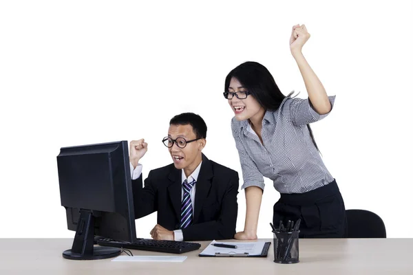 Two business people raising hands — Stock Photo, Image