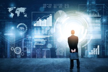 İşadamı sanal ekranda grafik arıyorsunuz