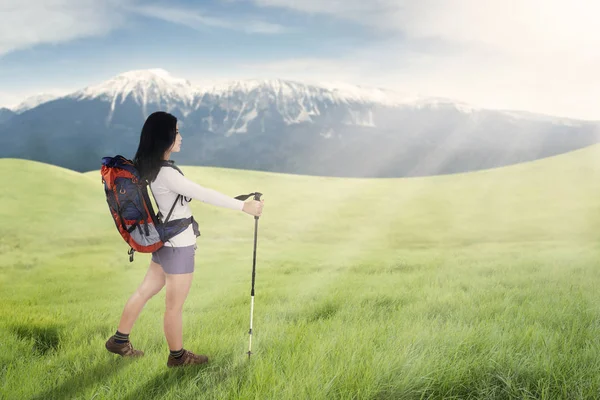 Female hiker with hiking stick in meadow — Stock Photo, Image