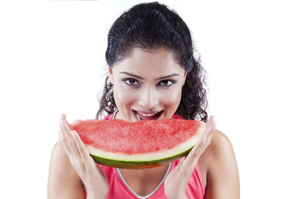 Indian woman with sweet watermelon on studio — Stock Photo, Image