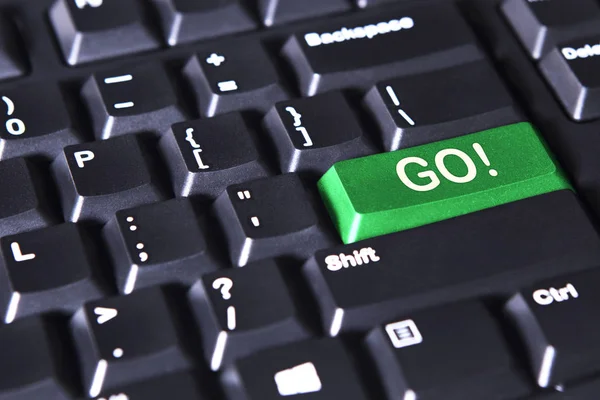 Botón verde con palabra GO y signo de exclamación Imágenes de stock libres de derechos