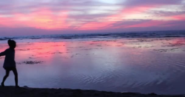 Silhouet meisje en moeder wandelen aan de kust — Stockvideo