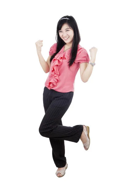 Glada kvinna firar sin framgång — Stockfoto