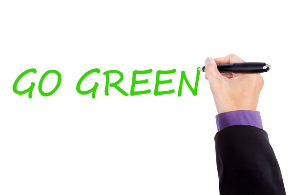 Empresário mão escreve Go Green texto — Fotografia de Stock