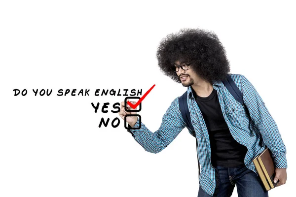 Afro man writes speak english text on screen — Stock Photo, Image