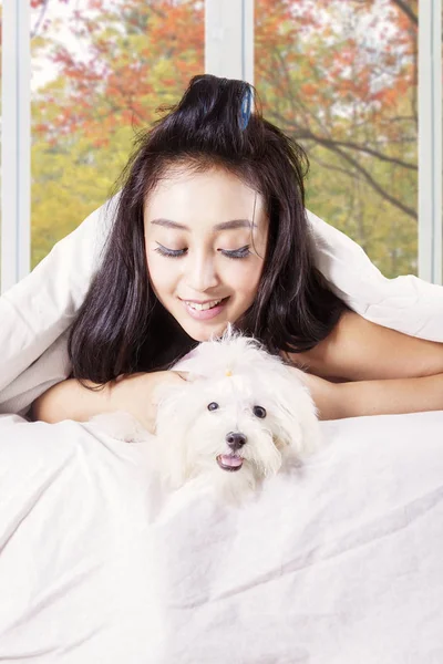 Girl plays with a puppy under blanket — Stock Photo, Image