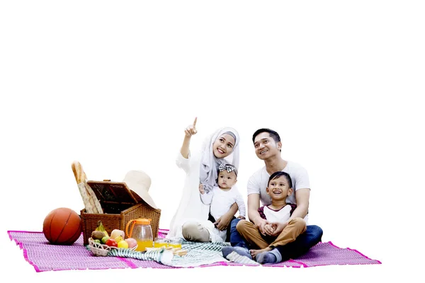 Family with picnic basket look at something — Stock Photo, Image