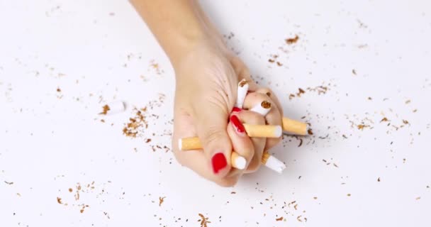 Female hand destroying cigarette — Stock Video