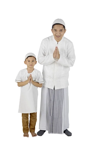 Father and son with welcoming gesture — Stock Photo, Image