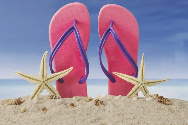 Pink flip flops and starfishes on beach — Stock Photo, Image