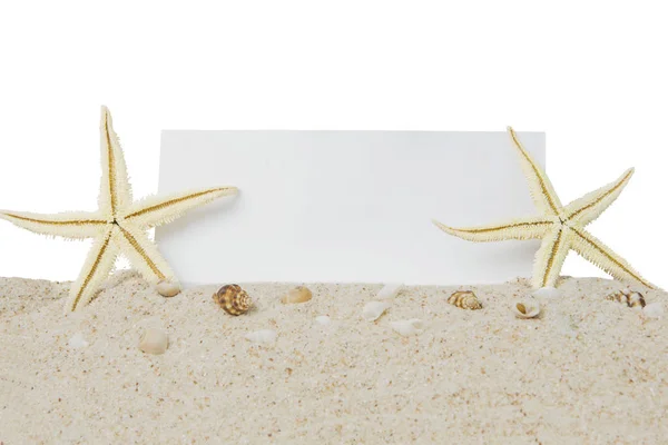 Estrelas do mar e banner na areia — Fotografia de Stock