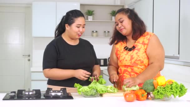 Mujeres con sobrepeso preparando ensalada — Vídeos de Stock