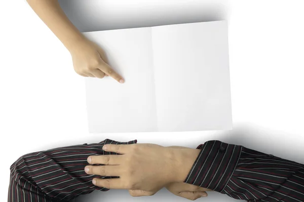Boy is pointing an empty greeting card — Stock Photo, Image